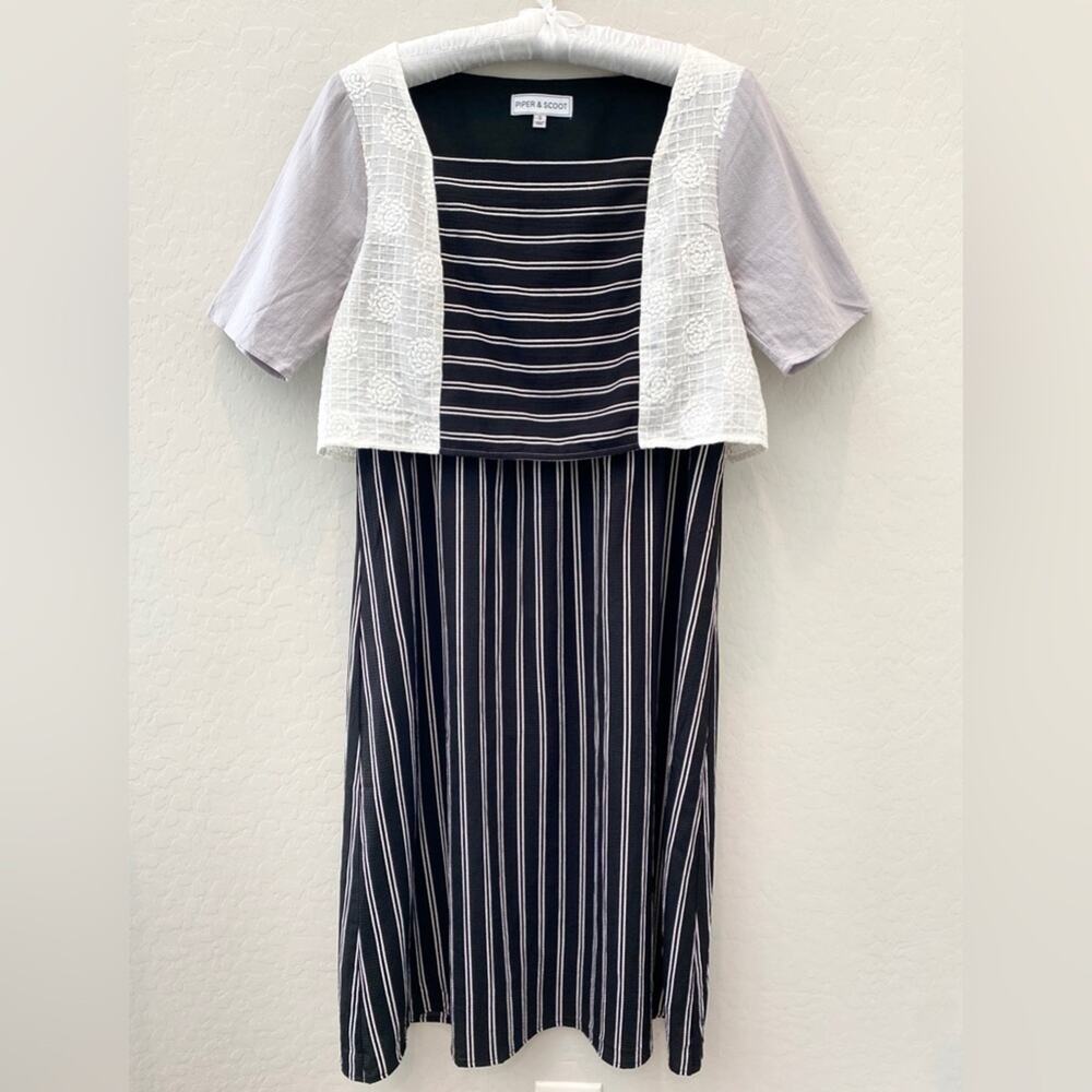 PIPER & SCOOT | Black White Striped Colorblock Midi Dress Modest Boho | Small